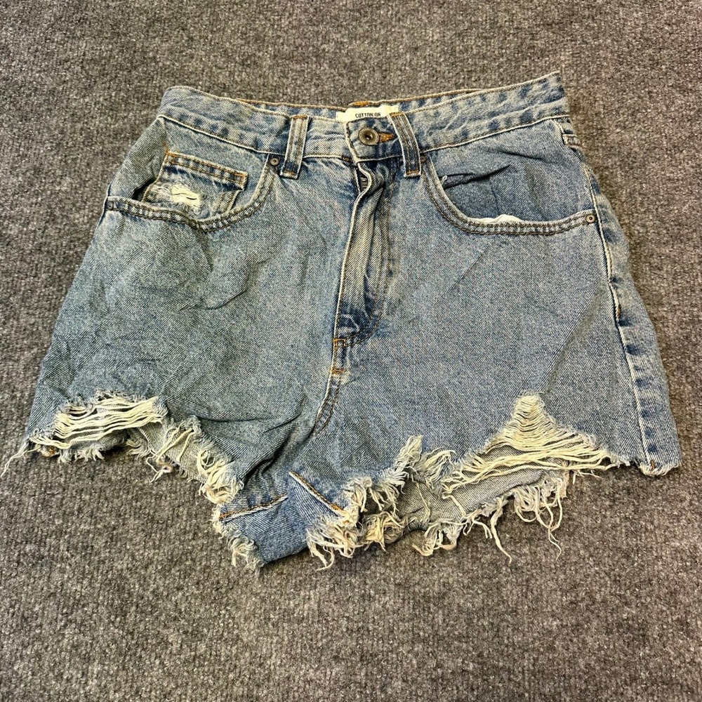 Cotton On Shorts Womens Size 4 Blue Denim Distressed High Waisted Cutoff Frayed